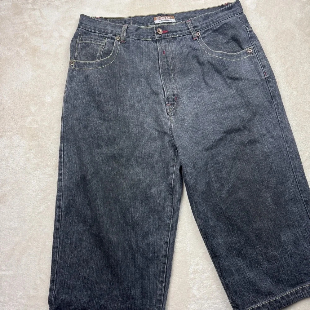 Y2K Russo Jorts Men 40(38) Black Baggy Shorts Rainbow Embroidered Drawstring Hem